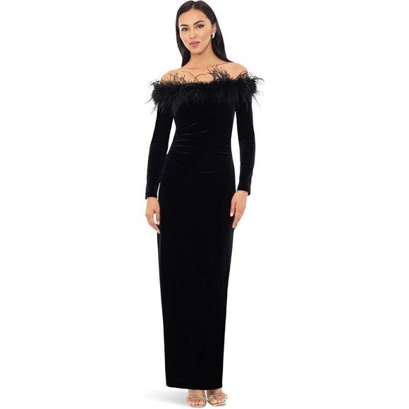Xscape Feather Trim Off the Shoulder Long Sleeve Scuba Velvet Gown Size 12 NWT - Picture 3 of 12